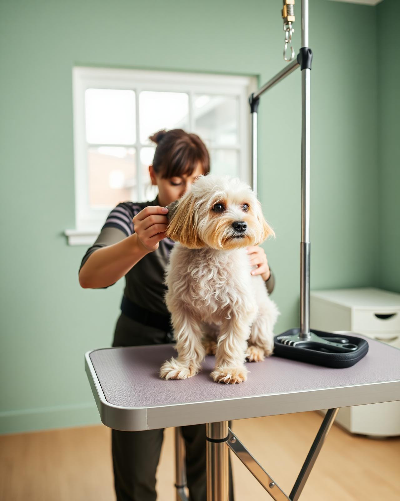 A professional dog groomer styling a fluffy cockapoo in a bright modern studio.